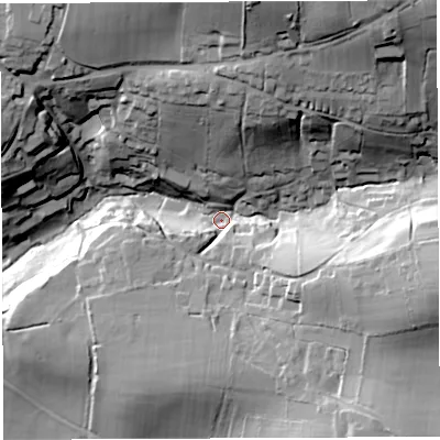 Shaded relief map of the ground around BA44BT, computed from Environment Agency LiDAR. The ground here sits at about 47 m above sea level and falls 65 m across the surrounding 800 m. Surface water reaching this point runs off ground lying to the north-east, 50.0 m higher.