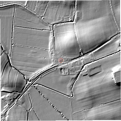 Shaded relief map of the ground around BA44EH, computed from Environment Agency LiDAR. The ground here sits at about 15 m above sea level and falls 19 m across the surrounding 800 m. Surface water reaching this point runs off ground lying to the north-east, 13.2 m higher.