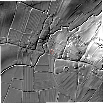 Shaded relief map of the ground around BA44EP, computed from Environment Agency LiDAR. The ground here sits at about 15 m above sea level and falls 43 m across the surrounding 800 m. Surface water reaching this point runs off ground lying to the east, 40.6 m higher.