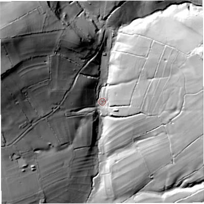 Shaded relief map of the ground around BA44EQ, computed from Environment Agency LiDAR. The ground here sits at about 114 m above sea level and falls 78 m across the surrounding 800 m. Surface water reaching this point runs off ground lying to the west-north-west, 69.2 m higher.