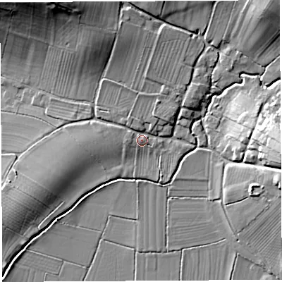Shaded relief map of the ground around BA44HB, computed from Environment Agency LiDAR. The ground here sits at about 16 m above sea level and falls 24 m across the surrounding 800 m. Surface water reaching this point runs off ground lying to the north-north-east, 3.6 m higher.