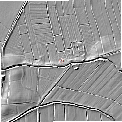 Shaded relief map of the ground around BA44HQ, computed from Environment Agency LiDAR. The ground here sits at about 9 m above sea level and falls 6 m across the surrounding 800 m. Surface water reaching this point runs off ground lying to the south-east, 1.6 m higher.