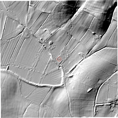 Shaded relief map of the ground around BA44HW, computed from Environment Agency LiDAR. The ground here sits at about 14 m above sea level and falls 48 m across the surrounding 800 m. Surface water reaching this point runs off ground lying to the north, 34.6 m higher.