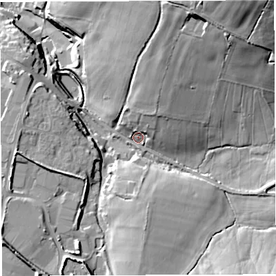 Shaded relief map of the ground around BA44PR, computed from Environment Agency LiDAR. The ground here sits at about 151 m above sea level and falls 46 m across the surrounding 800 m. Surface water reaching this point runs off ground lying to the north-east, 37.2 m higher.