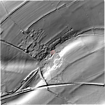 Shaded relief map of the ground around BA44QJ, computed from Environment Agency LiDAR. The ground here sits at about 180 m above sea level and falls 24 m across the surrounding 800 m. Surface water reaching this point runs off ground lying to the north-west, 21.5 m higher.