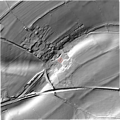 Shaded relief map of the ground around BA44QL, computed from Environment Agency LiDAR. The ground here sits at about 180 m above sea level and falls 24 m across the surrounding 800 m. Surface water reaching this point runs off ground lying to the north-west, 21.5 m higher.