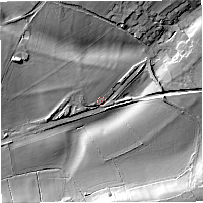 Shaded relief map of the ground around BA44QP, computed from Environment Agency LiDAR. The ground here sits at about 187 m above sea level and falls 20 m across the surrounding 800 m. Surface water reaching this point runs off ground lying to the west, 5.4 m higher.