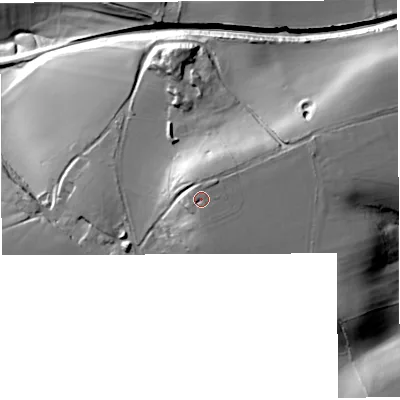 Shaded relief map of the ground around BA44RB, computed from Environment Agency LiDAR. The ground here sits at about 219 m above sea level and falls 46 m across the surrounding 800 m. Surface water reaching this point runs off ground lying to the north-west, 1.3 m higher.