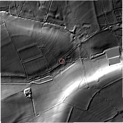 Shaded relief map of the ground around BA44SE, computed from Environment Agency LiDAR. The ground here sits at about 176 m above sea level and falls 19 m across the surrounding 800 m. Surface water reaching this point runs off ground lying to the north-west, 8.9 m higher.