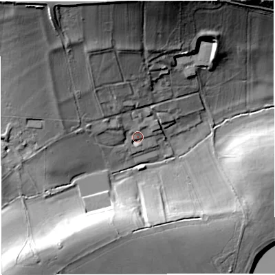 Shaded relief map of the ground around BA44SF, computed from Environment Agency LiDAR. The ground here sits at about 173 m above sea level and falls 33 m across the surrounding 800 m. Surface water reaching this point runs off ground lying to the north, 28.7 m higher.