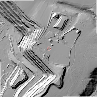 Shaded relief map of the ground around BA44SQ, computed from Environment Agency LiDAR. The ground here sits at about 190 m above sea level and falls 107 m across the surrounding 800 m. Surface water reaching this point runs off ground lying to the south-south-west, 7.8 m higher.