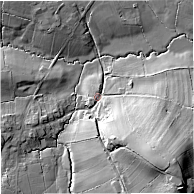 Shaded relief map of the ground around BA44TF, computed from Environment Agency LiDAR. The ground here sits at about 137 m above sea level and falls 34 m across the surrounding 800 m. Surface water reaching this point runs off ground lying to the south-east, 26.6 m higher.