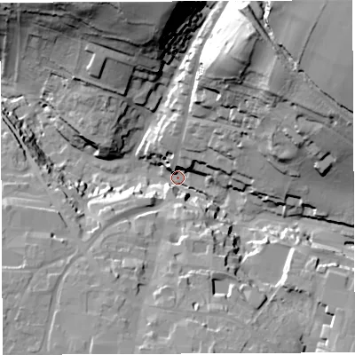 Shaded relief map of the ground around BA45DL, computed from Environment Agency LiDAR. The ground here sits at about 122 m above sea level and falls 66 m across the surrounding 800 m. Surface water reaching this point runs off ground lying to the north-east, 58.0 m higher.