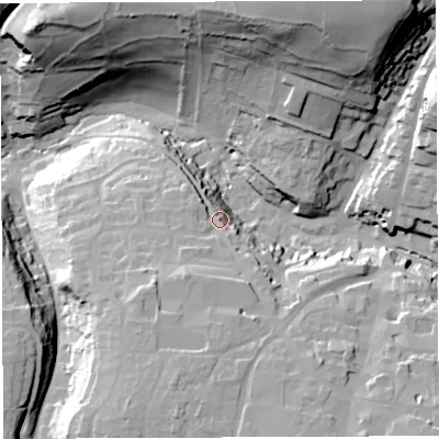 Shaded relief map of the ground around BA45DW, computed from Environment Agency LiDAR. The ground here sits at about 130 m above sea level and falls 62 m across the surrounding 800 m. Surface water reaching this point runs off ground lying to the south-south-east, 14.4 m higher.