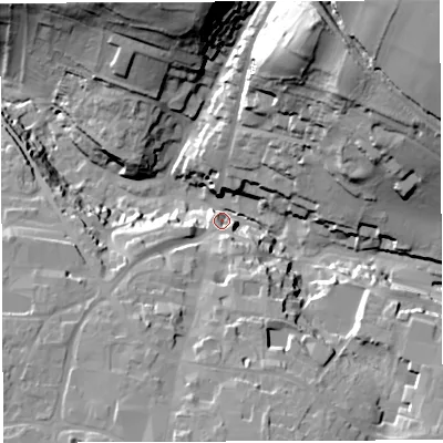 Shaded relief map of the ground around BA45EF, computed from Environment Agency LiDAR. The ground here sits at about 127 m above sea level and falls 65 m across the surrounding 800 m. Surface water reaching this point runs off ground lying to the north-east, 53.5 m higher.