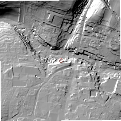 Shaded relief map of the ground around BA45EH, computed from Environment Agency LiDAR. The ground here sits at about 121 m above sea level and falls 62 m across the surrounding 800 m. Surface water reaching this point runs off ground lying to the south, 14.6 m higher.