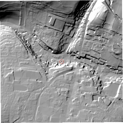 Shaded relief map of the ground around BA45EL, computed from Environment Agency LiDAR. The ground here sits at about 120 m above sea level and falls 63 m across the surrounding 800 m. Surface water reaching this point runs off ground lying to the north-east, 52.6 m higher.
