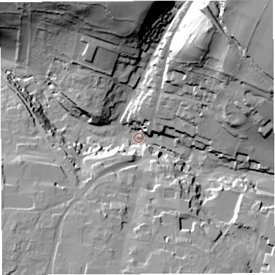 Shaded relief map of the ground around BA45EN, computed from Environment Agency LiDAR. The ground here sits at about 120 m above sea level and falls 65 m across the surrounding 800 m. Surface water reaching this point runs off ground lying to the north-east, 55.3 m higher.