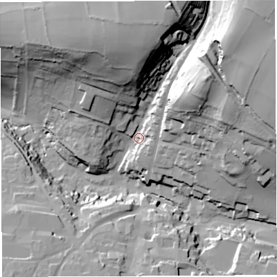 Shaded relief map of the ground around BA45EP, computed from Environment Agency LiDAR. The ground here sits at about 128 m above sea level and falls 72 m across the surrounding 800 m. Surface water reaching this point runs off ground lying to the north-east, 57.6 m higher.