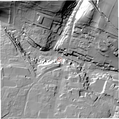 Shaded relief map of the ground around BA45EQ, computed from Environment Agency LiDAR. The ground here sits at about 120 m above sea level and falls 64 m across the surrounding 800 m. Surface water reaching this point runs off ground lying to the north-east, 55.3 m higher.