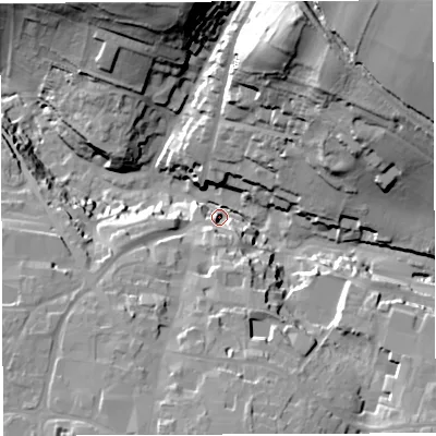 Shaded relief map of the ground around BA45EW, computed from Environment Agency LiDAR. The ground here sits at about 127 m above sea level and falls 65 m across the surrounding 800 m. Surface water reaching this point runs off ground lying to the north-east, 57.2 m higher.