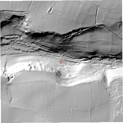 Shaded relief map of the ground around BA45FF, computed from Environment Agency LiDAR. The ground here sits at about 93 m above sea level and falls 86 m across the surrounding 800 m. Surface water reaching this point runs off ground lying to the north-east, 79.9 m higher.