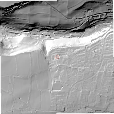 Shaded relief map of the ground around BA45GL, computed from Environment Agency LiDAR. The ground here sits at about 132 m above sea level and falls 66 m across the surrounding 800 m. Surface water reaching this point runs off ground lying to the south-south-east, 4.6 m higher.
