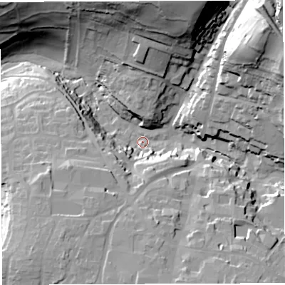 Shaded relief map of the ground around BA45HB, computed from Environment Agency LiDAR. The ground here sits at about 119 m above sea level and falls 64 m across the surrounding 800 m. Surface water reaching this point runs off ground lying to the north-east, 51.8 m higher.