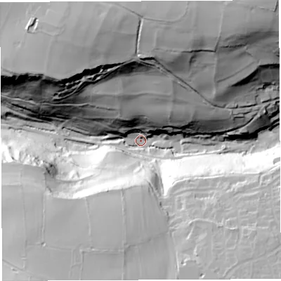 Shaded relief map of the ground around BA45HF, computed from Environment Agency LiDAR. The ground here sits at about 97 m above sea level and falls 85 m across the surrounding 800 m. Surface water reaching this point runs off ground lying to the north-east, 79.0 m higher.
