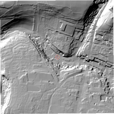 Shaded relief map of the ground around BA45HS, computed from Environment Agency LiDAR. The ground here sits at about 117 m above sea level and falls 61 m across the surrounding 800 m. Surface water reaching this point runs off ground lying to the north-east, 52.3 m higher.