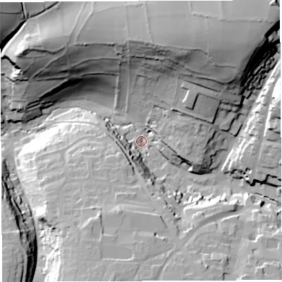 Shaded relief map of the ground around BA45HT, computed from Environment Agency LiDAR. The ground here sits at about 115 m above sea level and falls 69 m across the surrounding 800 m. Surface water reaching this point runs off ground lying to the north-east, 57.9 m higher.