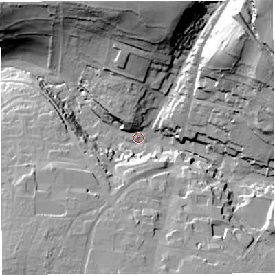 Shaded relief map of the ground around BA45HY, computed from Environment Agency LiDAR. The ground here sits at about 120 m above sea level and falls 65 m across the surrounding 800 m. Surface water reaching this point runs off ground lying to the north-east, 51.4 m higher.
