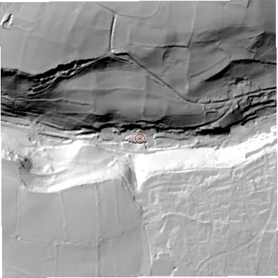 Shaded relief map of the ground around BA45HZ, computed from Environment Agency LiDAR. The ground here sits at about 99 m above sea level and falls 84 m across the surrounding 800 m. Surface water reaching this point runs off ground lying to the north-north-east, 77.8 m higher.