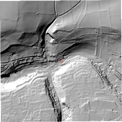 Shaded relief map of the ground around BA45JA, computed from Environment Agency LiDAR. The ground here sits at about 109 m above sea level and falls 76 m across the surrounding 800 m. Surface water reaching this point runs off ground lying to the north-east, 57.5 m higher.