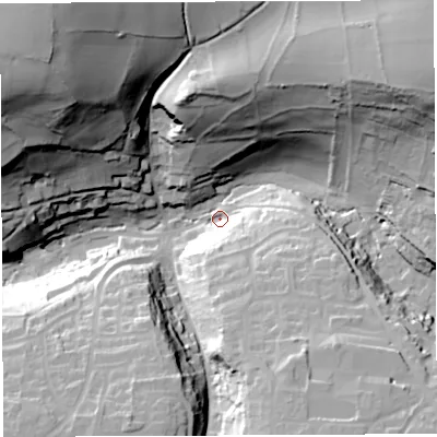 Shaded relief map of the ground around BA45JB, computed from Environment Agency LiDAR. The ground here sits at about 109 m above sea level and falls 75 m across the surrounding 800 m. Surface water reaching this point runs off ground lying to the north-east, 57.9 m higher.