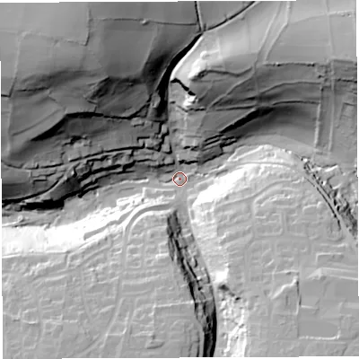 Shaded relief map of the ground around BA45JF, computed from Environment Agency LiDAR. The ground here sits at about 108 m above sea level and falls 76 m across the surrounding 800 m. Surface water reaching this point runs off ground lying to the north-north-west, 69.8 m higher.