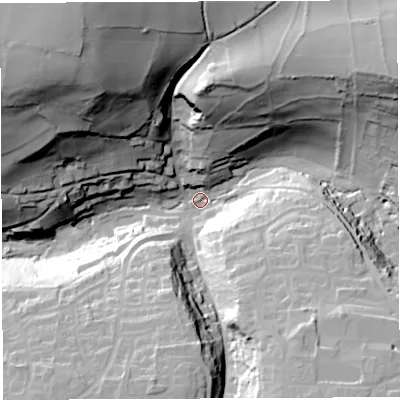 Shaded relief map of the ground around BA45JG, computed from Environment Agency LiDAR. The ground here sits at about 109 m above sea level and falls 76 m across the surrounding 800 m. Surface water reaching this point runs off ground lying to the north-east, 56.7 m higher.