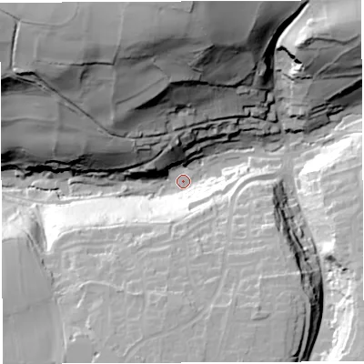 Shaded relief map of the ground around BA45JH, computed from Environment Agency LiDAR. The ground here sits at about 103 m above sea level and falls 79 m across the surrounding 800 m. Surface water reaching this point runs off ground lying to the north, 71.3 m higher.