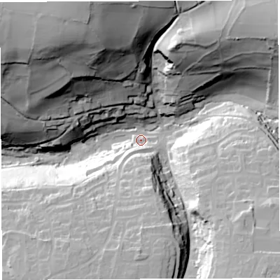 Shaded relief map of the ground around BA45JJ, computed from Environment Agency LiDAR. The ground here sits at about 109 m above sea level and falls 76 m across the surrounding 800 m. Surface water reaching this point runs off ground lying to the north-north-west, 69.2 m higher.