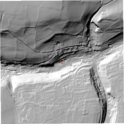 Shaded relief map of the ground around BA45JQ, computed from Environment Agency LiDAR. The ground here sits at about 105 m above sea level and falls 80 m across the surrounding 800 m. Surface water reaching this point runs off ground lying to the north, 72.7 m higher.