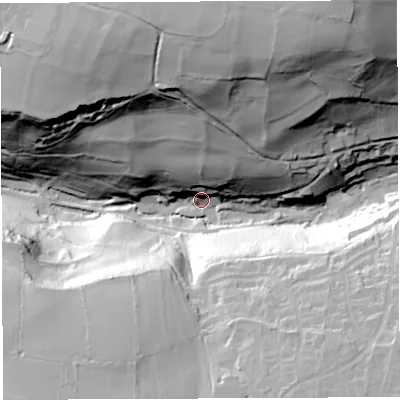 Shaded relief map of the ground around BA45JT, computed from Environment Agency LiDAR. The ground here sits at about 102 m above sea level and falls 84 m across the surrounding 800 m. Surface water reaching this point runs off ground lying to the north, 74.2 m higher.