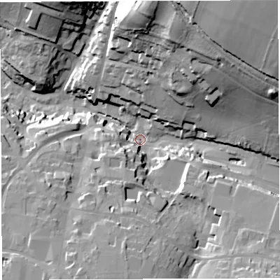 Shaded relief map of the ground around BA45LJ, computed from Environment Agency LiDAR. The ground here sits at about 124 m above sea level and falls 63 m across the surrounding 800 m. Surface water reaching this point runs off ground lying to the north-east, 56.2 m higher.