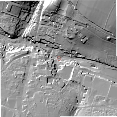 Shaded relief map of the ground around BA45LL, computed from Environment Agency LiDAR. The ground here sits at about 125 m above sea level and falls 63 m across the surrounding 800 m. Surface water reaching this point runs off ground lying to the north-east, 56.6 m higher.