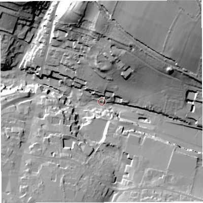 Shaded relief map of the ground around BA45LN, computed from Environment Agency LiDAR. The ground here sits at about 127 m above sea level and falls 66 m across the surrounding 800 m. Surface water reaching this point runs off ground lying to the north-east, 58.4 m higher.