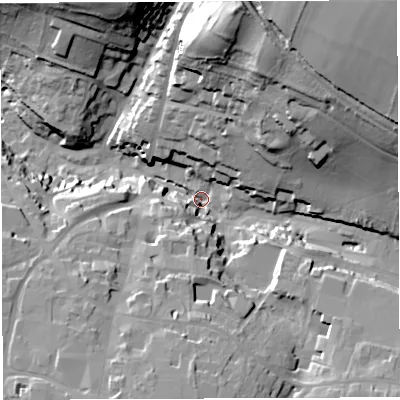 Shaded relief map of the ground around BA45LP, computed from Environment Agency LiDAR. The ground here sits at about 122 m above sea level and falls 65 m across the surrounding 800 m. Surface water reaching this point runs off ground lying to the north-east, 58.8 m higher.