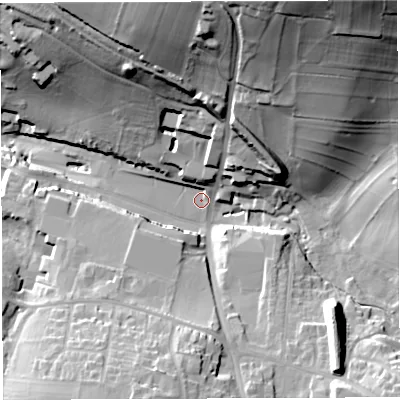 Shaded relief map of the ground around BA45ND, computed from Environment Agency LiDAR. The ground here sits at about 134 m above sea level and falls 54 m across the surrounding 800 m. Surface water reaching this point runs off ground lying to the north-north-east, 42.6 m higher.