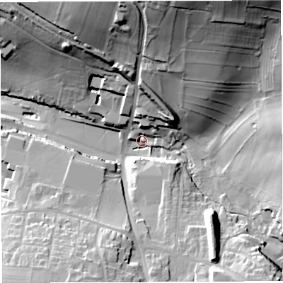 Shaded relief map of the ground around BA45NF, computed from Environment Agency LiDAR. The ground here sits at about 135 m above sea level and falls 51 m across the surrounding 800 m. Surface water reaching this point runs off ground lying to the north-east, 45.4 m higher.