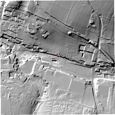 Shaded relief map of the ground around BA45NW, computed from Environment Agency LiDAR. The ground here sits at about 132 m above sea level and falls 69 m across the surrounding 800 m. Surface water reaching this point runs off ground lying to the north-north-east, 49.5 m higher.
