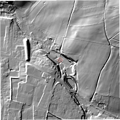Shaded relief map of the ground around BA45QE, computed from Environment Agency LiDAR. The ground here sits at about 144 m above sea level and falls 48 m across the surrounding 800 m. Surface water reaching this point runs off ground lying to the north-east, 38.5 m higher.