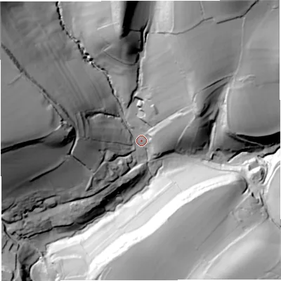 Shaded relief map of the ground around BA46AG, computed from Environment Agency LiDAR. The ground here sits at about 105 m above sea level and falls 72 m across the surrounding 800 m. Surface water reaching this point runs off ground lying to the west-north-west, 60.6 m higher.